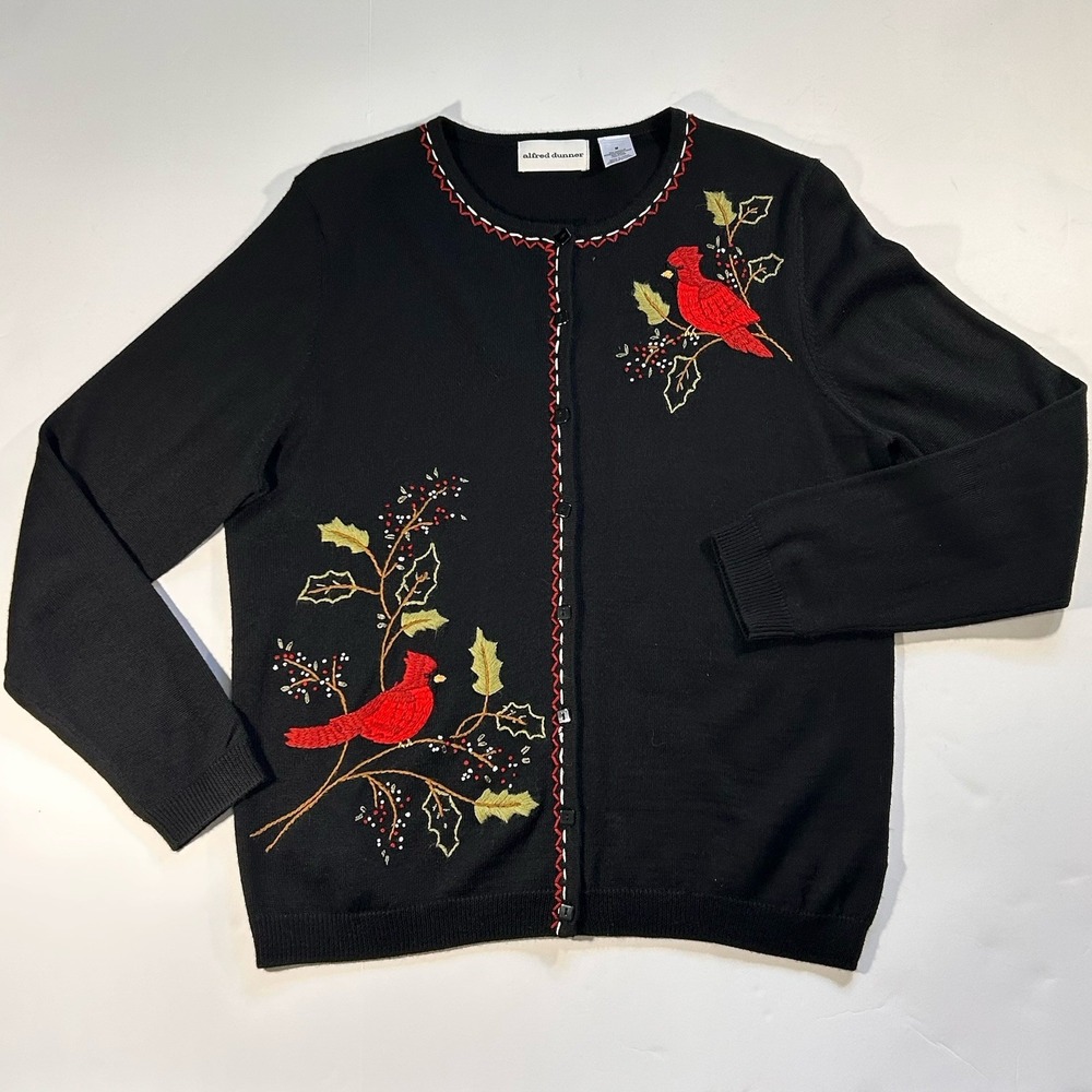 Alfred Dunner‎ Sweater Cardigan Womens M Embroidered Christmas Cardinals